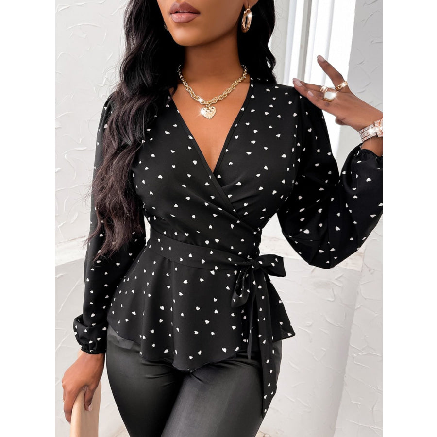 Heart Print Surplice Balloon Sleeve Blouse Black / S Apparel and Accessories