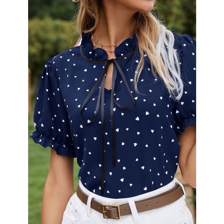 Heart Print Tie Neck Short Sleeve Blouse Apparel and Accessories