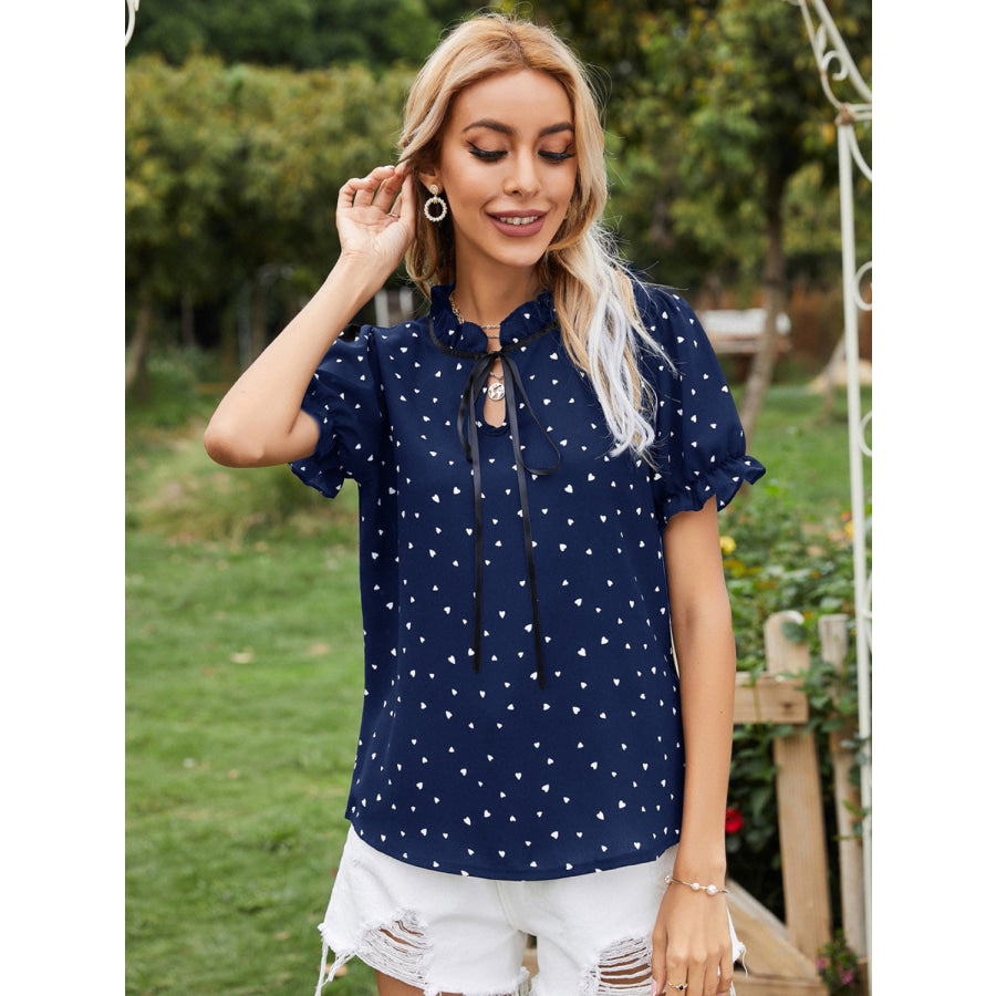 Heart Print Tie Neck Short Sleeve Blouse Apparel and Accessories