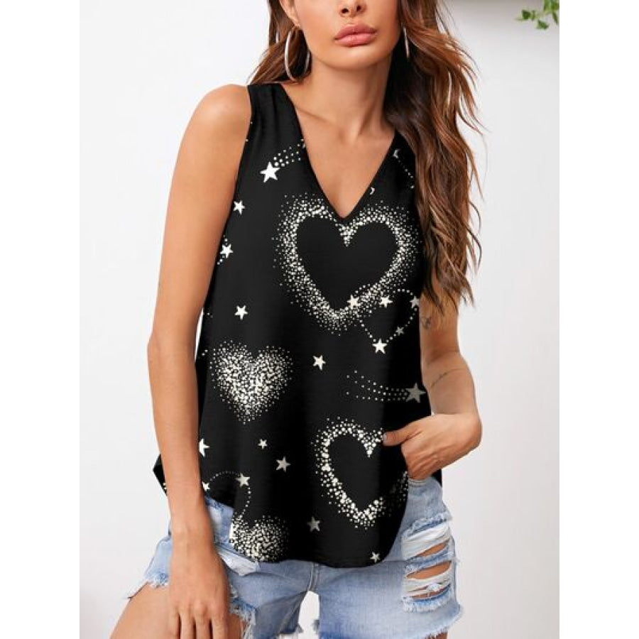 Heart Printed V - Neck Tank Black / S Apparel and Accessories