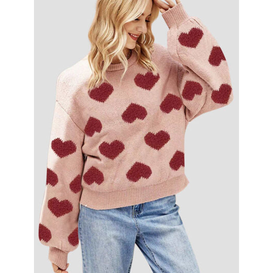 Heart Round Neck Dropped Shoulder Sweater Apparel and Accessories