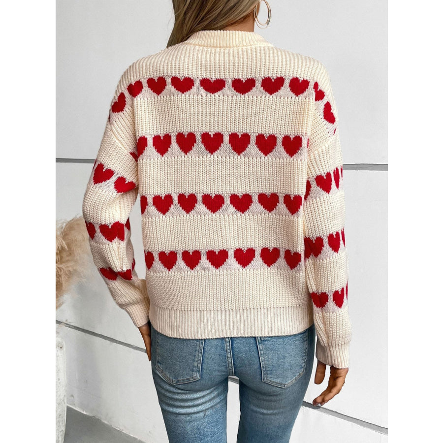 Heart Round Neck Dropped Shoulder Sweater Apparel and Accessories