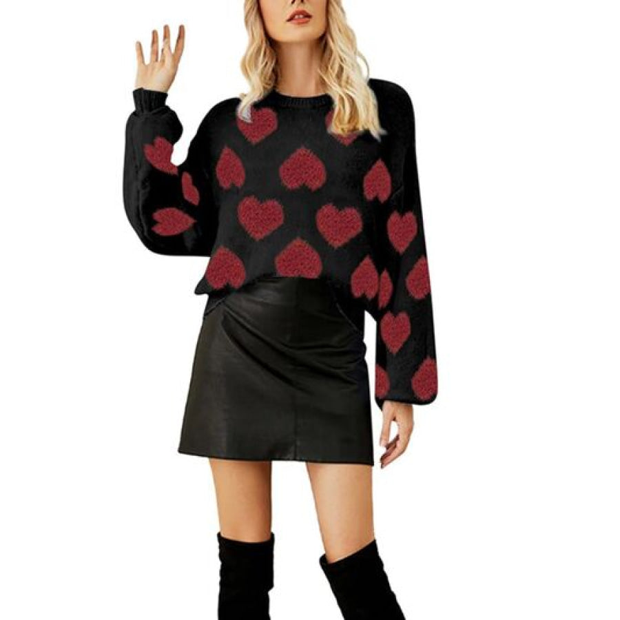 Heart Round Neck Dropped Shoulder Sweater Apparel and Accessories