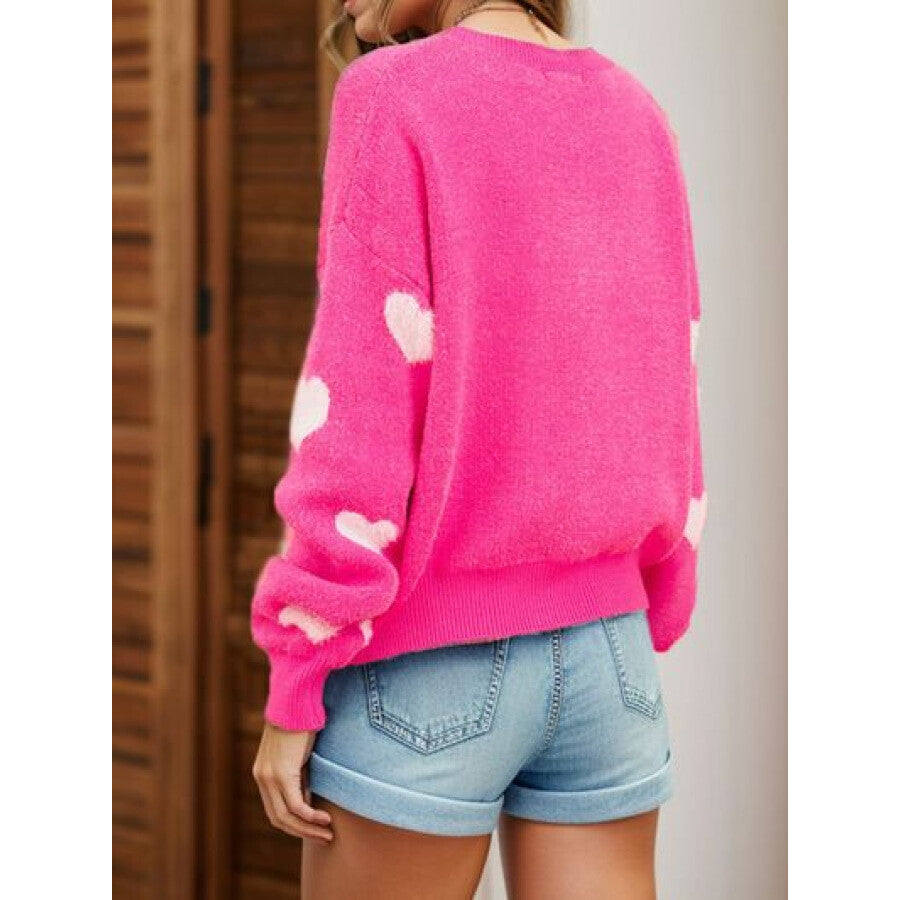 Heart Round Neck Dropped Shoulder Sweater Hot Pink / S Apparel and Accessories