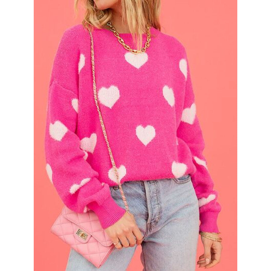 Heart Round Neck Dropped Shoulder Sweater Apparel and Accessories