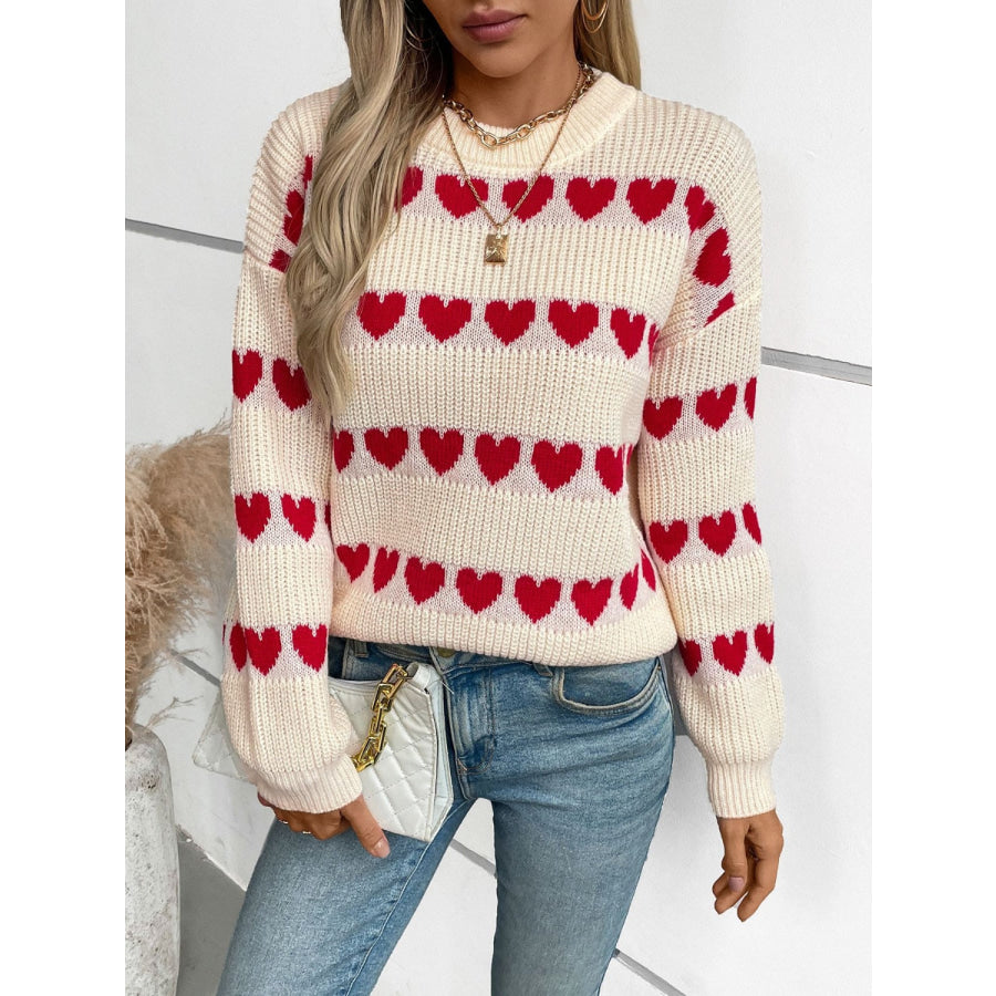 Heart Round Neck Dropped Shoulder Sweater Apparel and Accessories