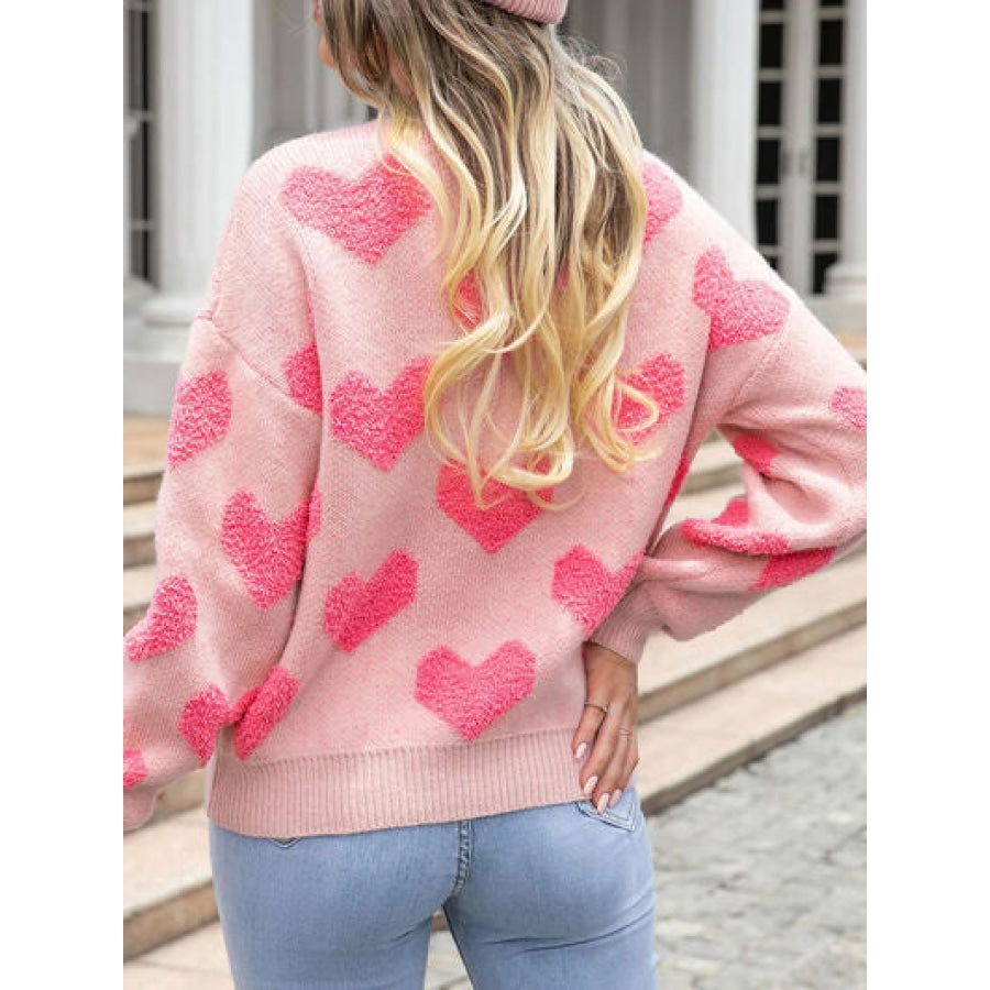 Heart Round Neck Dropped Shoulder Sweater Apparel and Accessories