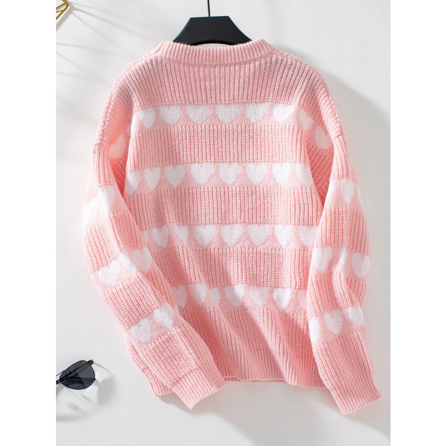 Heart Round Neck Dropped Shoulder Sweater Apparel and Accessories