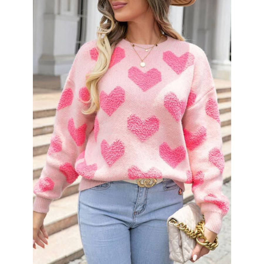 Heart Round Neck Dropped Shoulder Sweater Apparel and Accessories