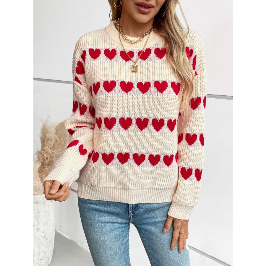 Heart Round Neck Dropped Shoulder Sweater Apparel and Accessories