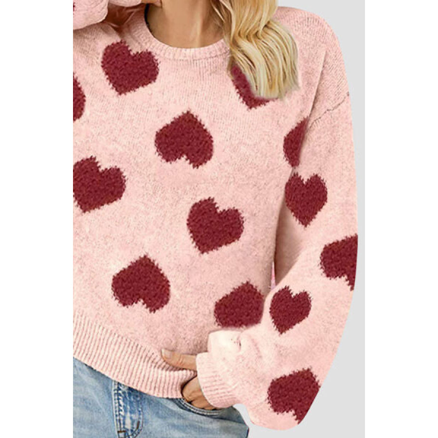 Heart Round Neck Dropped Shoulder Sweater Apparel and Accessories