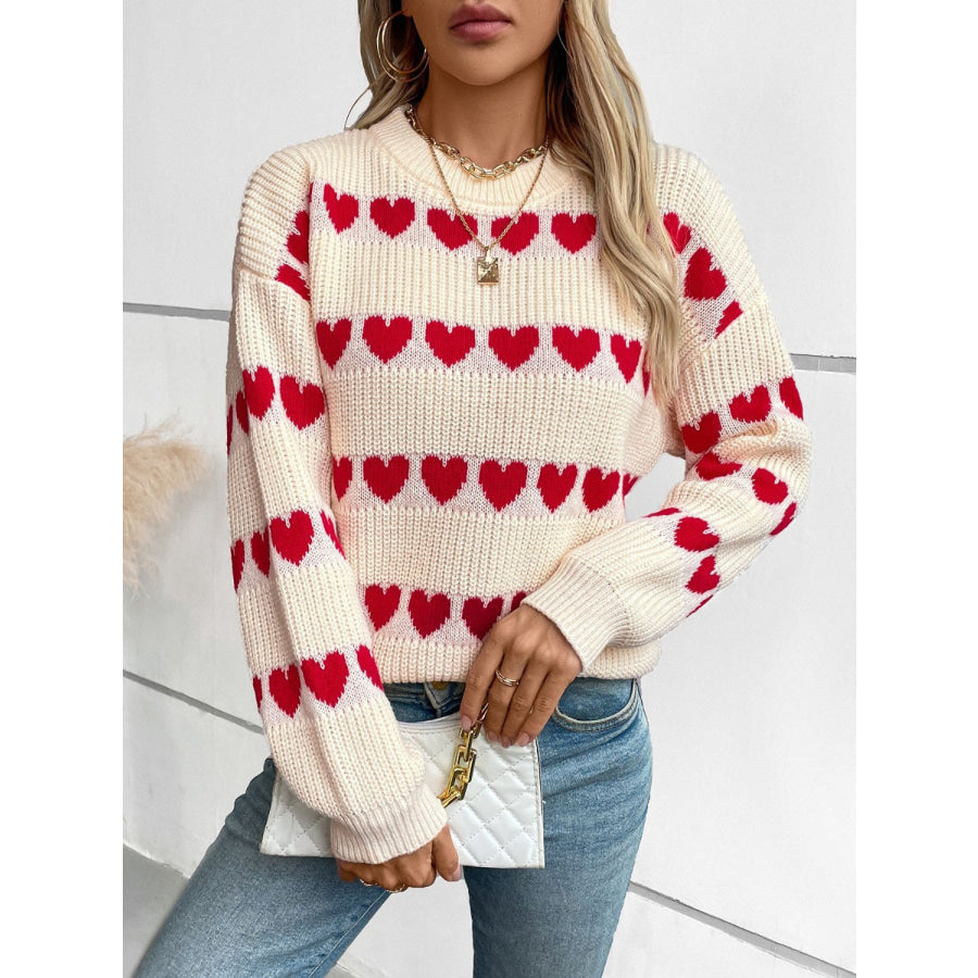 Heart Round Neck Dropped Shoulder Sweater Apparel and Accessories