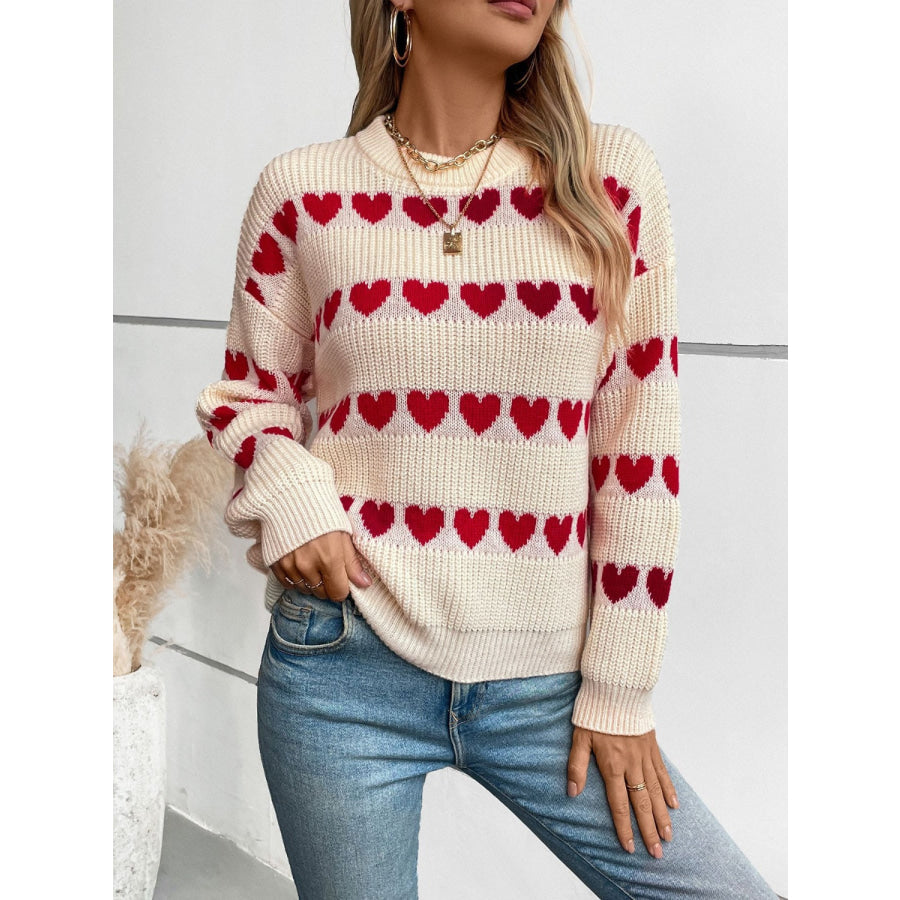 Heart Round Neck Dropped Shoulder Sweater Apparel and Accessories