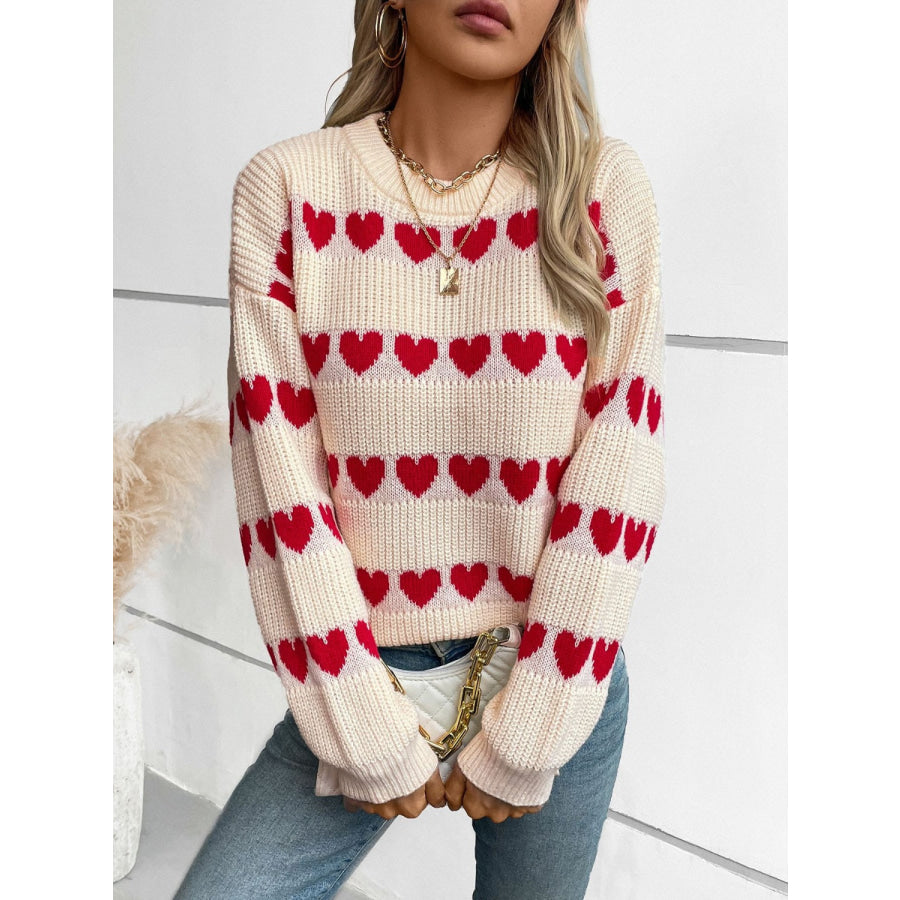 Heart Round Neck Dropped Shoulder Sweater Apricot / S Apparel and Accessories