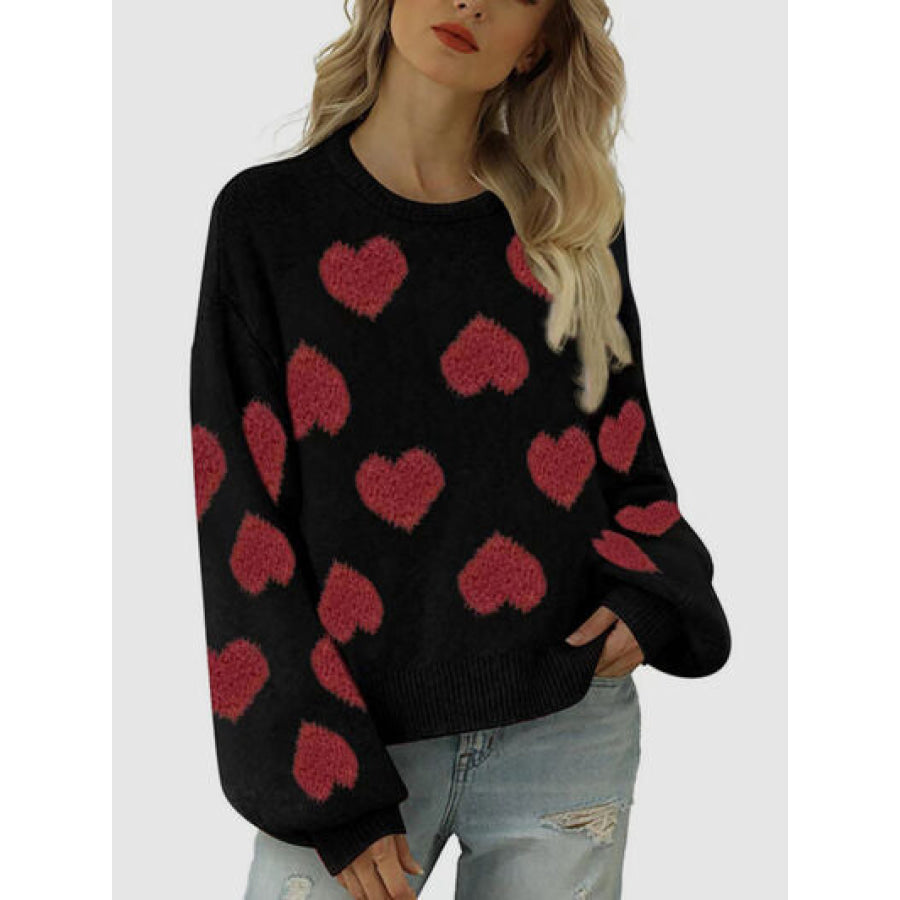 Heart Round Neck Dropped Shoulder Sweater Black / S Apparel and Accessories