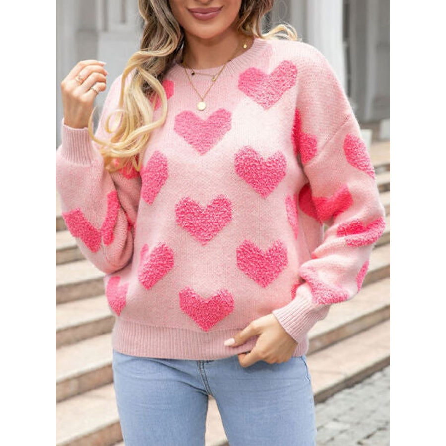 Heart Round Neck Dropped Shoulder Sweater Blush Pink / S Apparel and Accessories