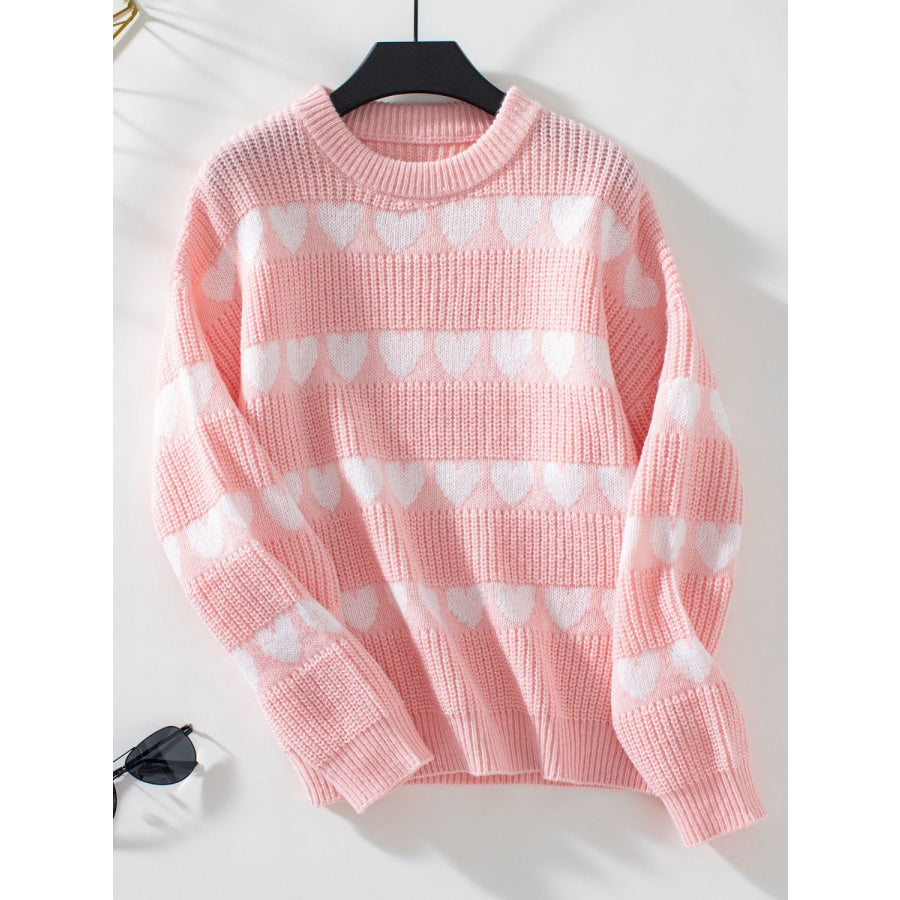 Heart Round Neck Dropped Shoulder Sweater Blush Pink / S Apparel and Accessories