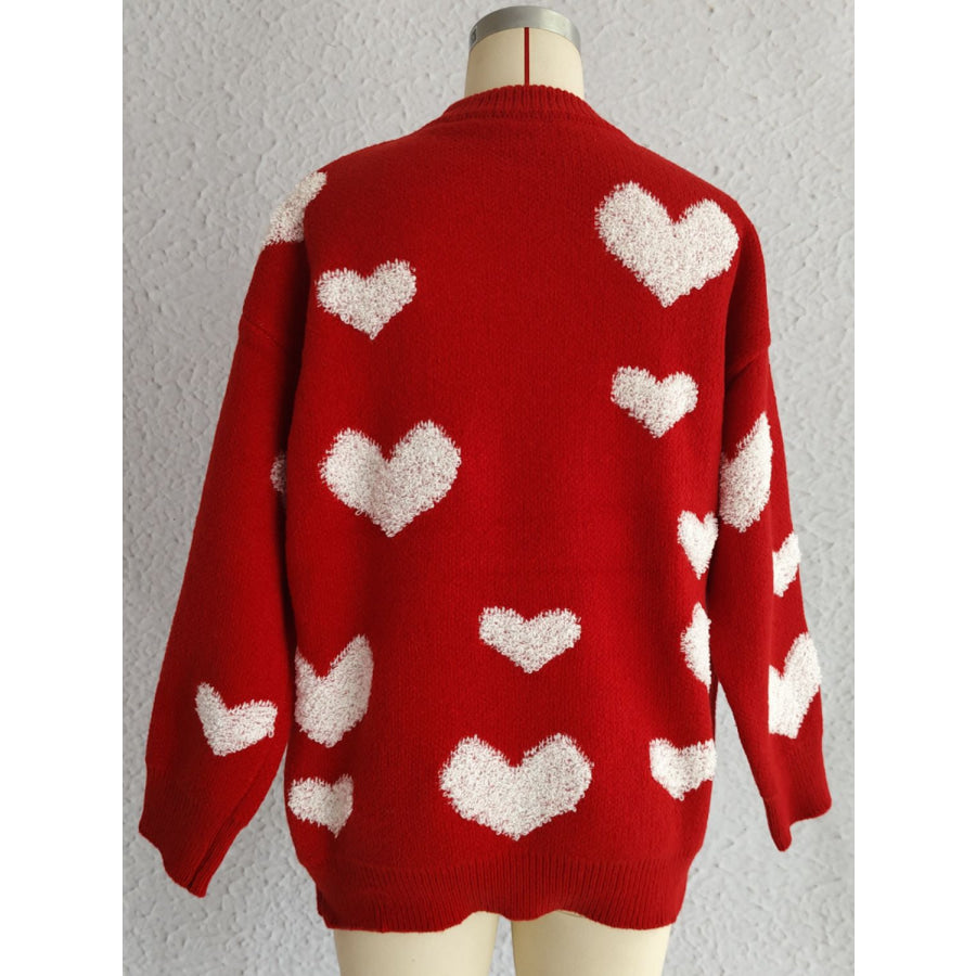 Heart Round Neck Dropped Shoulder Sweater Deep Red / One Size Apparel and Accessories