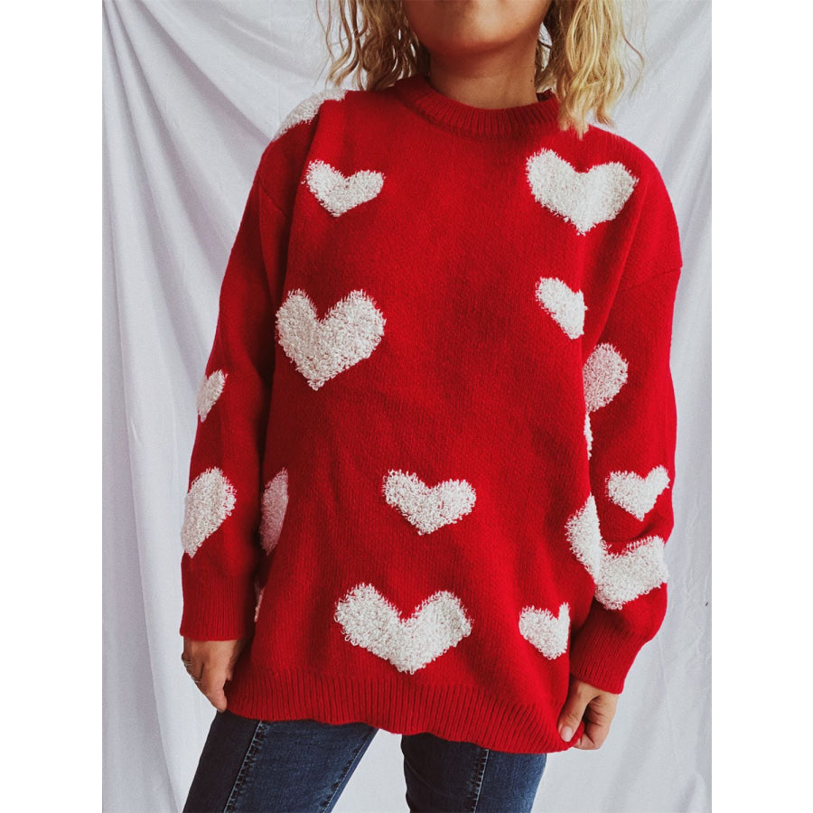 Heart Round Neck Dropped Shoulder Sweater Deep Red / One Size Apparel and Accessories