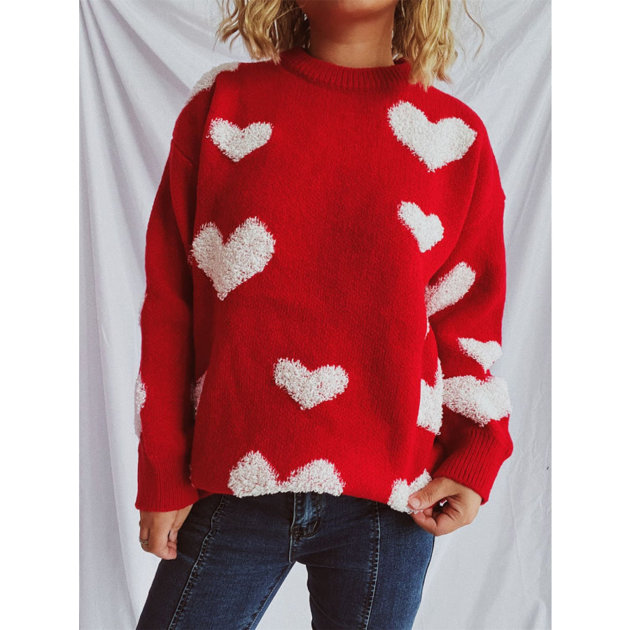 Heart Round Neck Dropped Shoulder Sweater Deep Red / One Size Apparel and Accessories