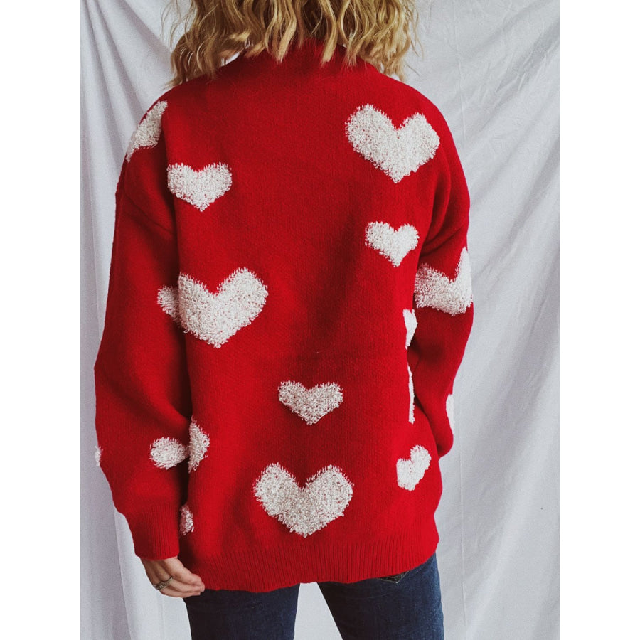 Heart Round Neck Dropped Shoulder Sweater Deep Red / One Size Apparel and Accessories