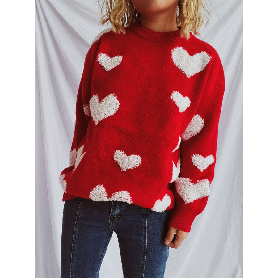 Heart Round Neck Dropped Shoulder Sweater Deep Red / One Size Apparel and Accessories