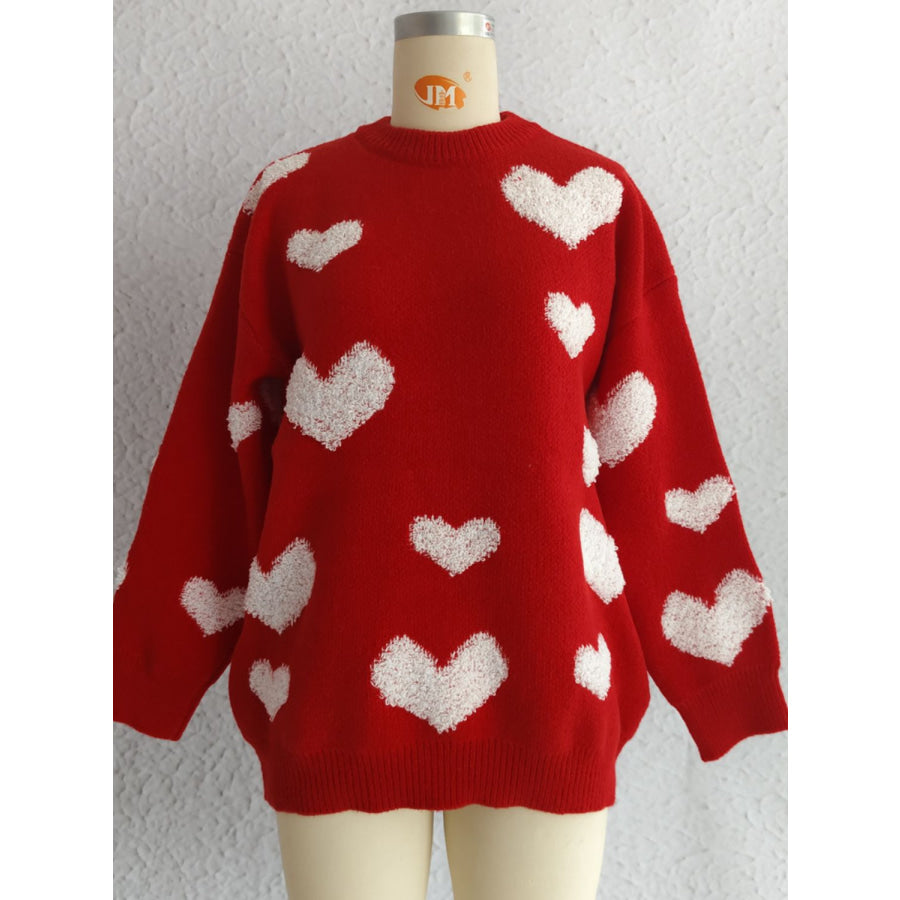 Heart Round Neck Dropped Shoulder Sweater Deep Red / One Size Apparel and Accessories