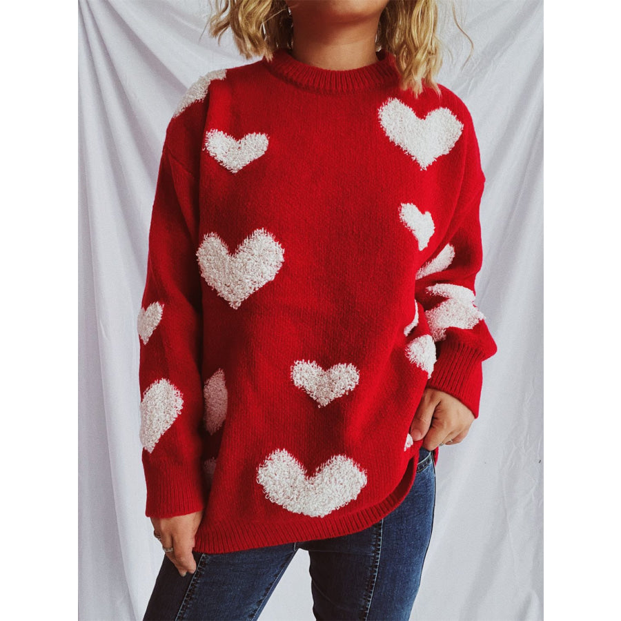 Heart Round Neck Dropped Shoulder Sweater Deep Red / One Size Apparel and Accessories