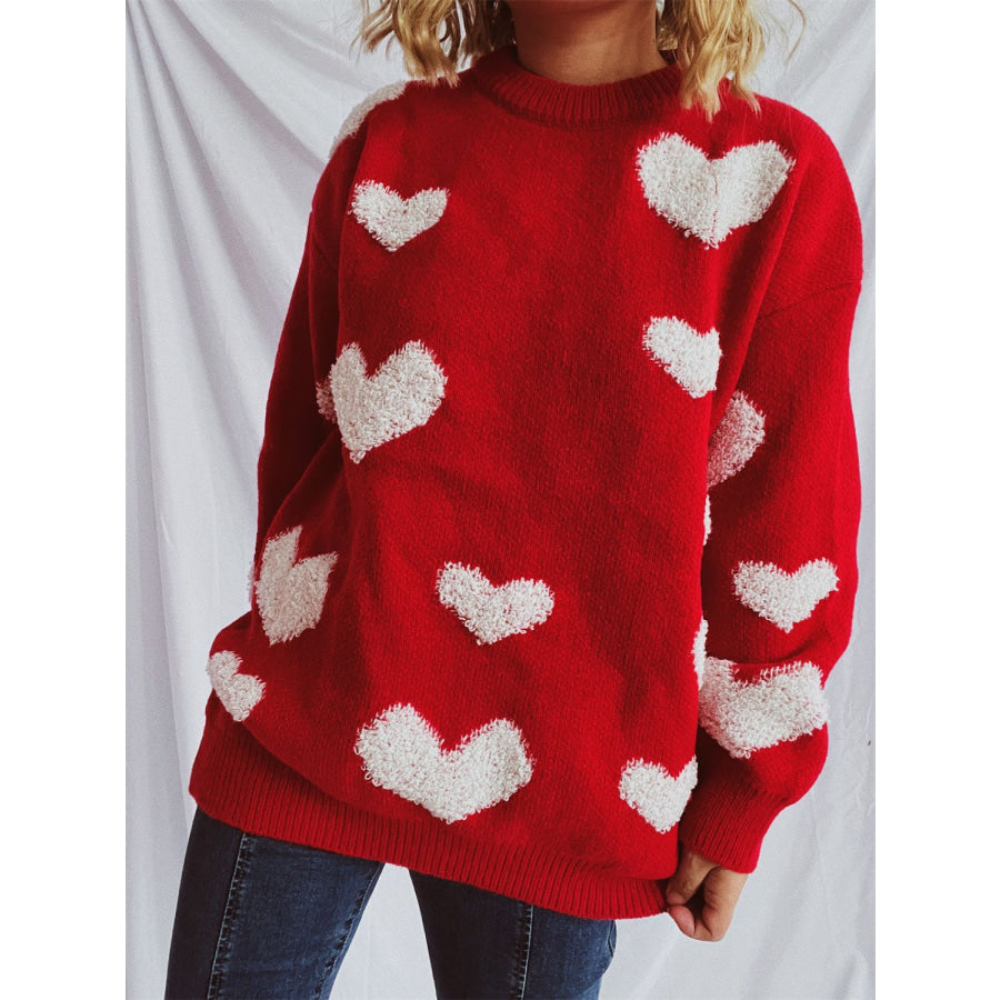 Heart Round Neck Dropped Shoulder Sweater Deep Red / One Size Apparel and Accessories