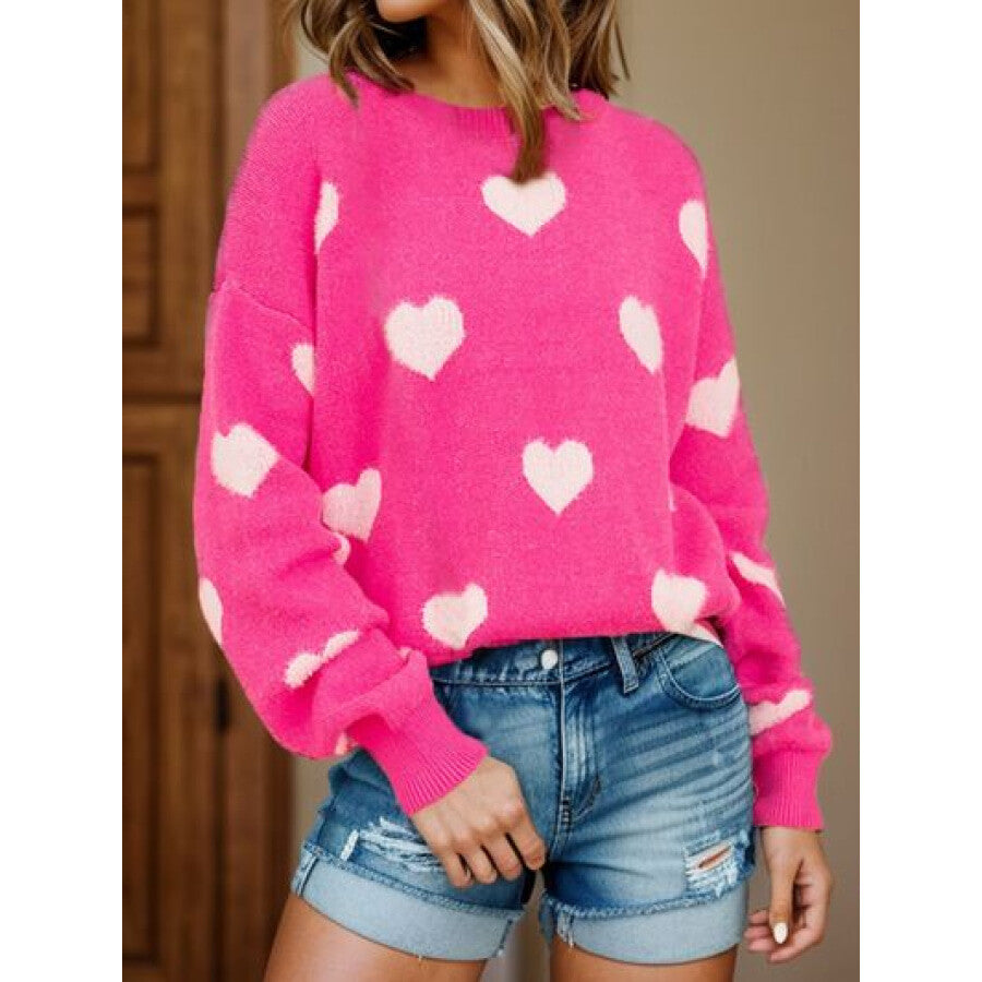 Heart Round Neck Dropped Shoulder Sweater Hot Pink / S Apparel and Accessories