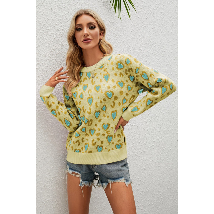 Heart Round Neck Dropped Shoulder Sweater Light Yellow / S Apparel and Accessories