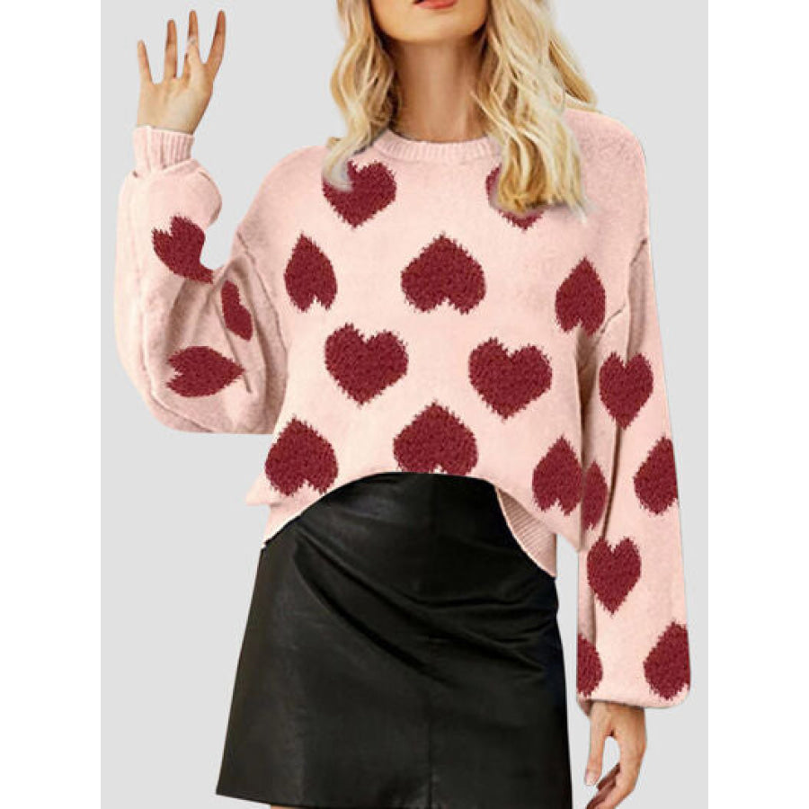 Heart Round Neck Dropped Shoulder Sweater Peach / S Apparel and Accessories