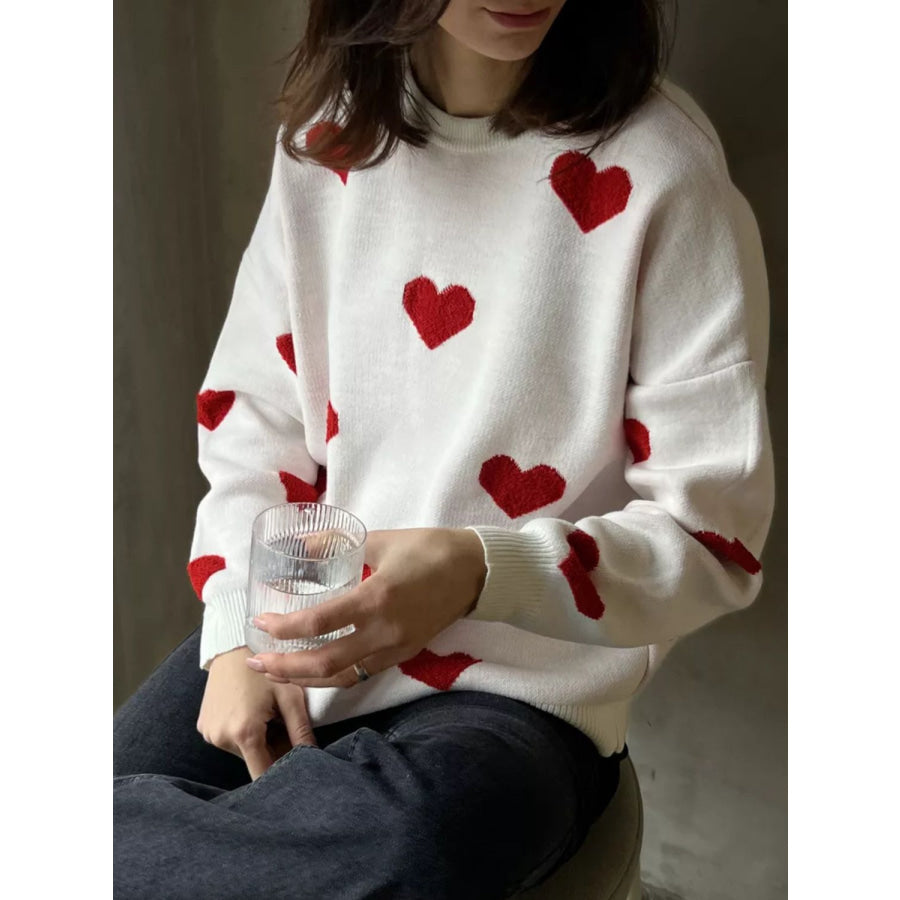 Heart Round Neck Dropped Shoulder Sweater White / One Size Apparel and Accessories