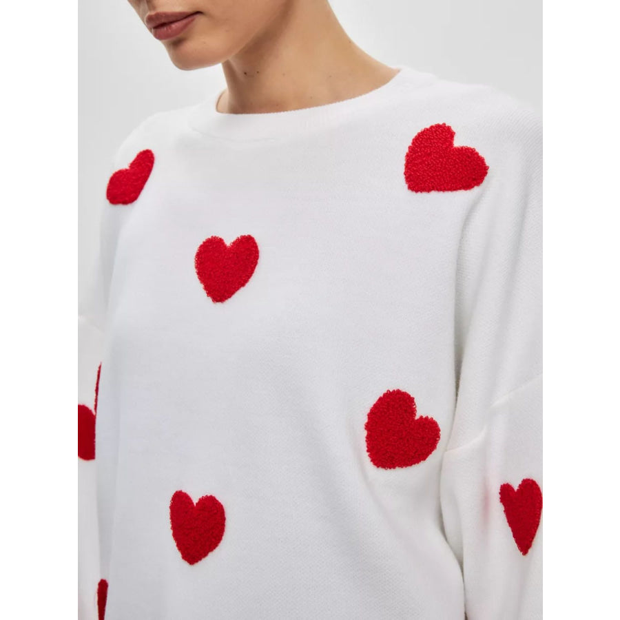 Heart Round Neck Dropped Shoulder Sweater White / One Size Apparel and Accessories