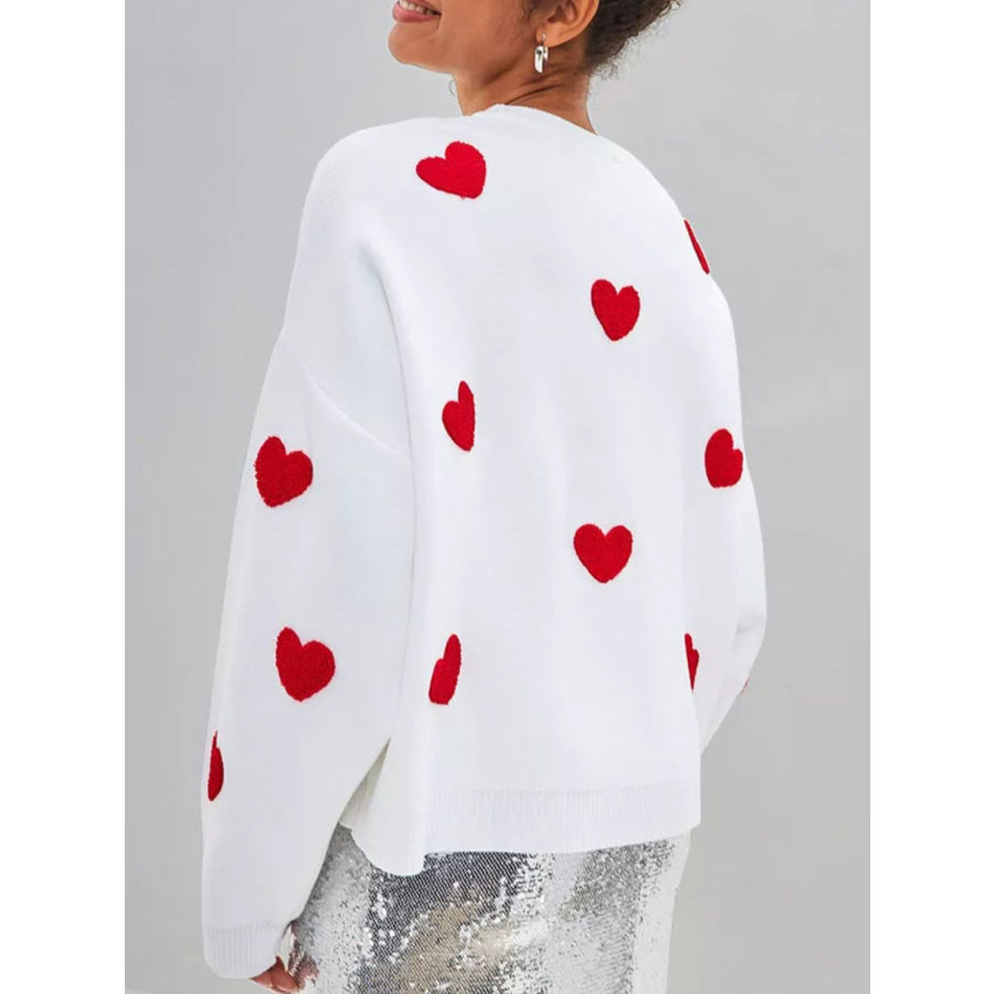 Heart Round Neck Dropped Shoulder Sweater White / One Size Apparel and Accessories