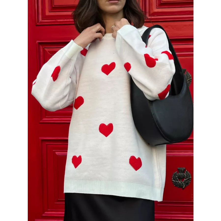 Heart Round Neck Dropped Shoulder Sweater White / One Size Apparel and Accessories