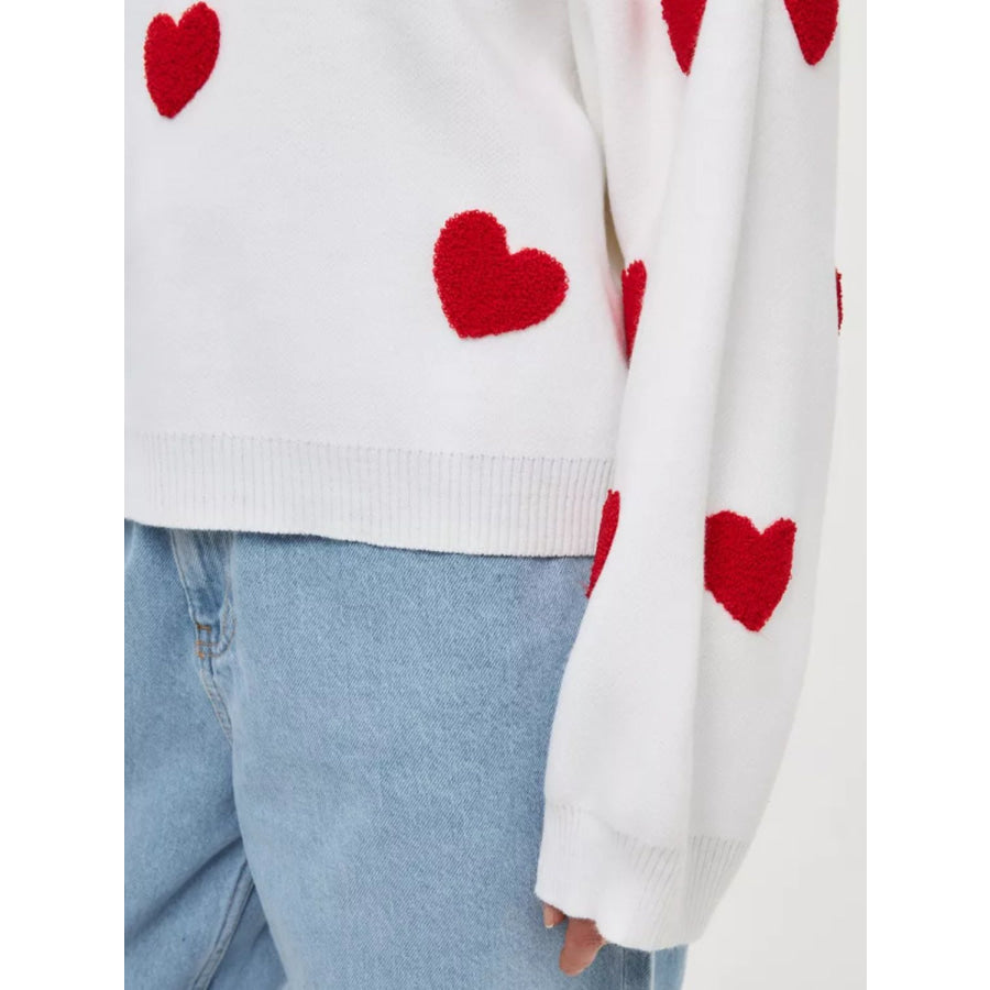 Heart Round Neck Dropped Shoulder Sweater White / One Size Apparel and Accessories