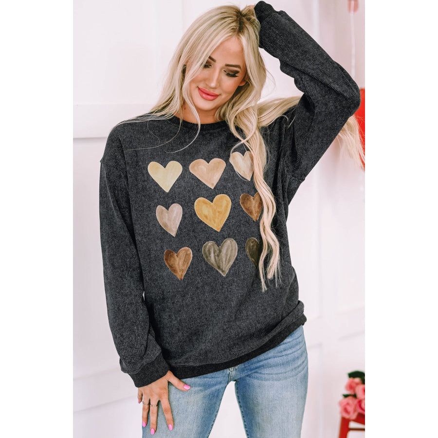 Heart Round Neck Dropped Shoulder Sweatshirt Apparel and Accessories
