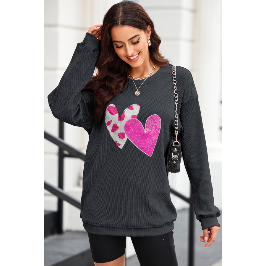 Heart Round Neck Dropped Shoulder Sweatshirt Black / S Apparel and Accessories
