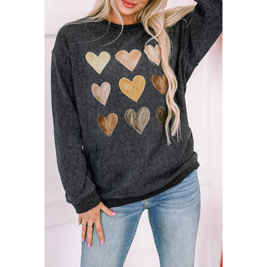 Heart Round Neck Dropped Shoulder Sweatshirt Charcoal / S Apparel and Accessories