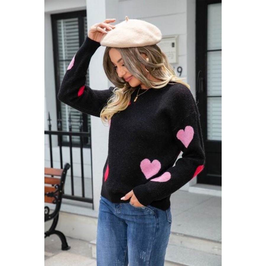 Heart Round Neck Droppped Shoulder Sweater Apparel and Accessories