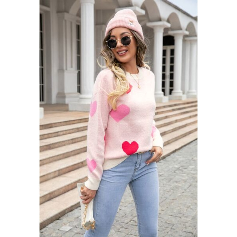 Heart Round Neck Droppped Shoulder Sweater Apparel and Accessories