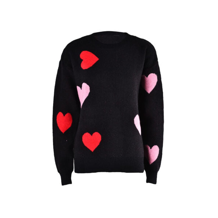 Heart Round Neck Droppped Shoulder Sweater Apparel and Accessories