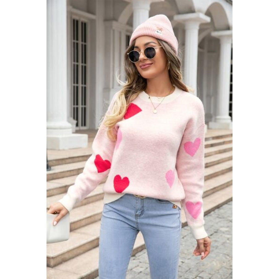 Heart Round Neck Droppped Shoulder Sweater Apparel and Accessories