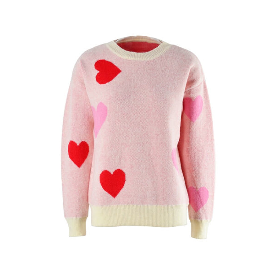 Heart Round Neck Droppped Shoulder Sweater Apparel and Accessories