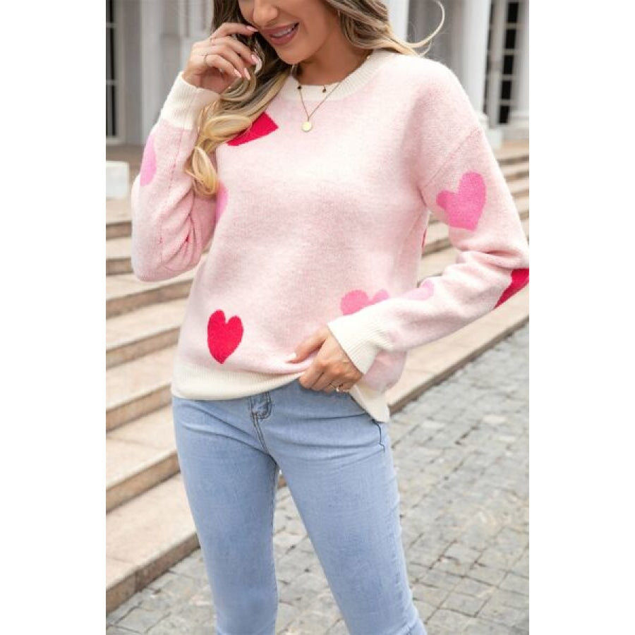 Heart Round Neck Droppped Shoulder Sweater Blush Pink / S Apparel and Accessories