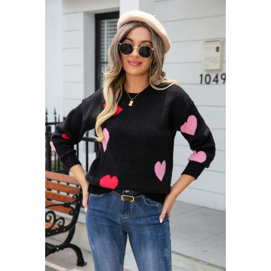 Heart Round Neck Droppped Shoulder Sweater Apparel and Accessories