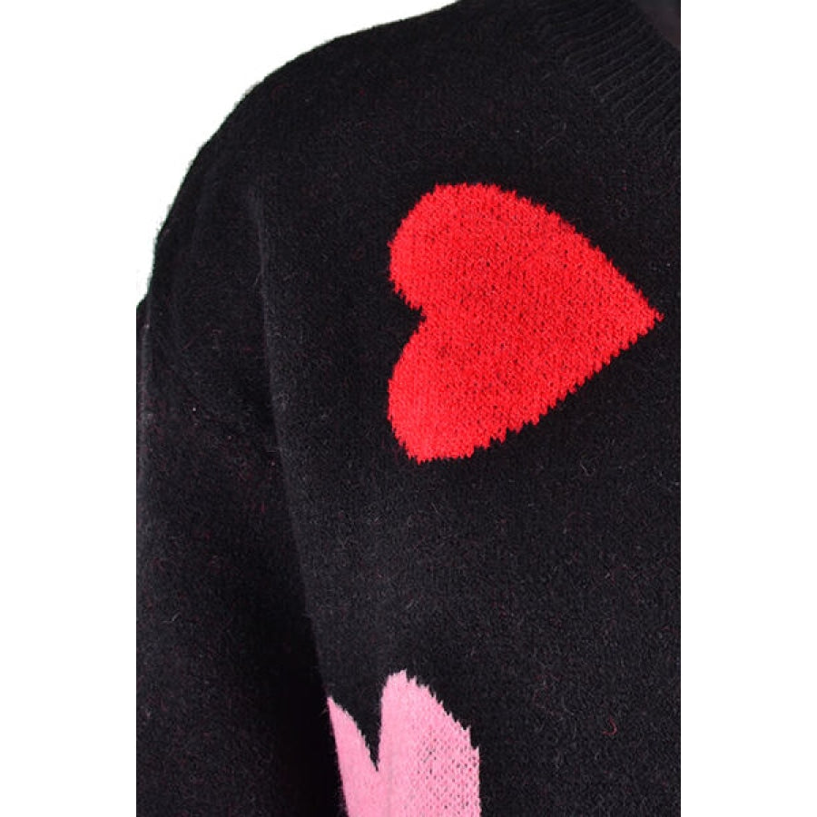 Heart Round Neck Droppped Shoulder Sweater Apparel and Accessories