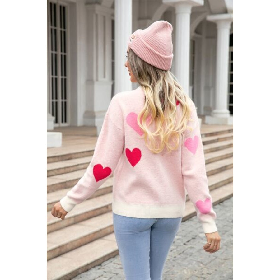 Heart Round Neck Droppped Shoulder Sweater Apparel and Accessories