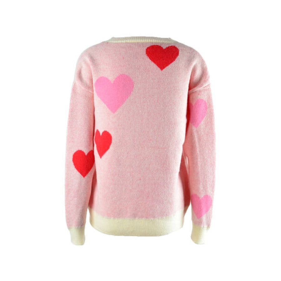 Heart Round Neck Droppped Shoulder Sweater Apparel and Accessories